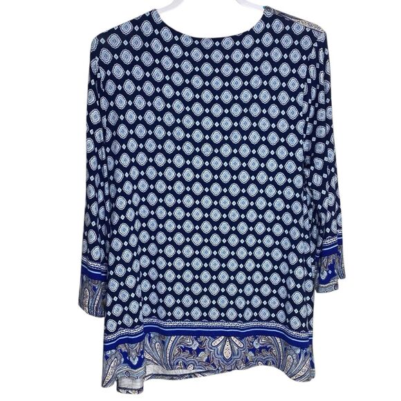 Chicos Top Womens 2 Large Blue Notch V Neck 3/4 Sleeve Tunic Blouse Slinky Boho - Picture 2 of 11